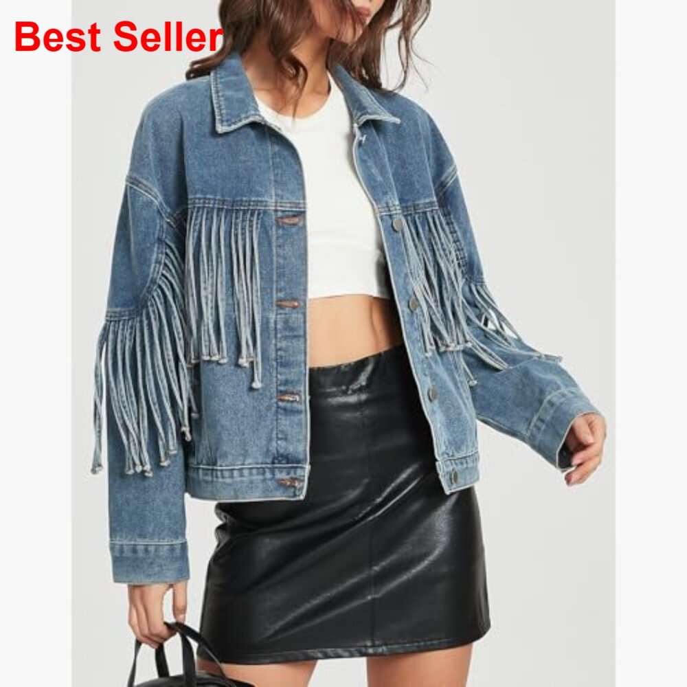 Oversized Denim Jacket with Fringe Tassel Long Sleeve Western Style - Picture 4 of 6